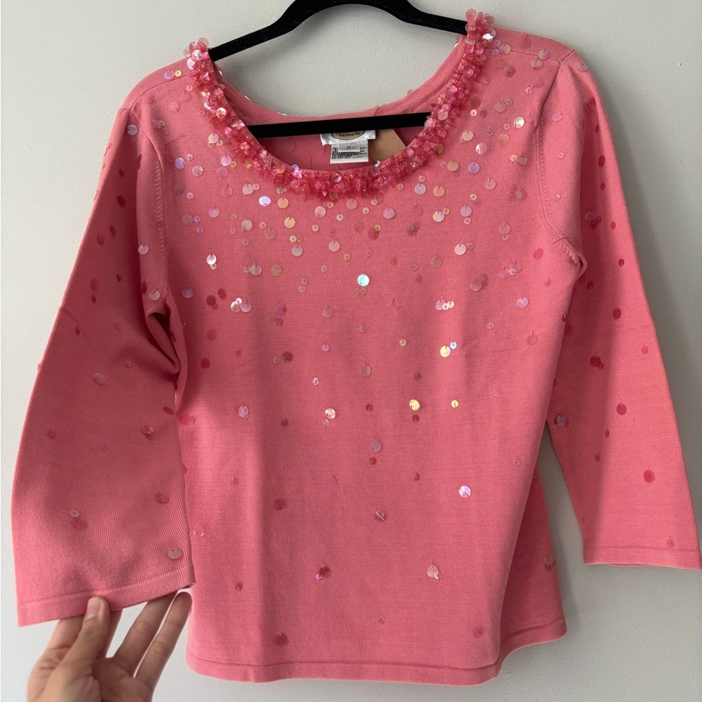 Y2K Fairycore Silk Beaded Pink sequin Fairy Cottage sweater 3/4 sleeves - large